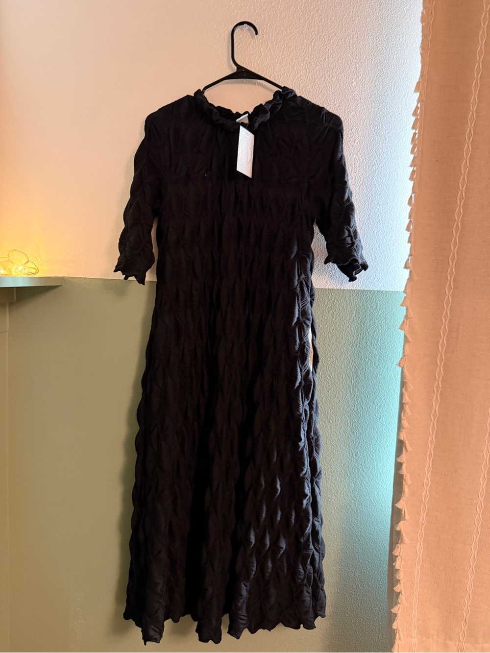 Black Textured Midi Dress with Ruffle Neckline